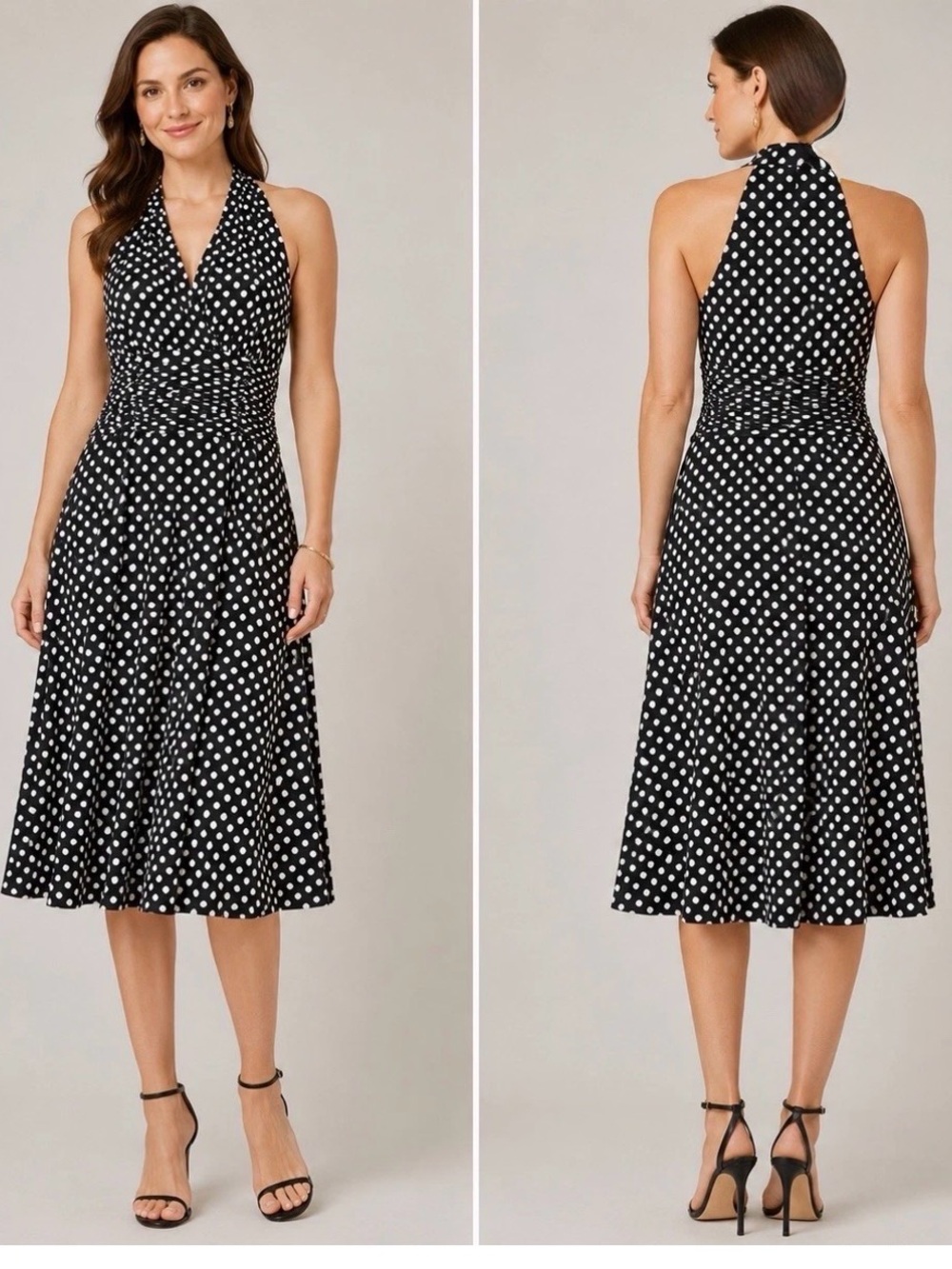Evan-Picone Halter Polka Dot Midi Dress - Black/White Size 12